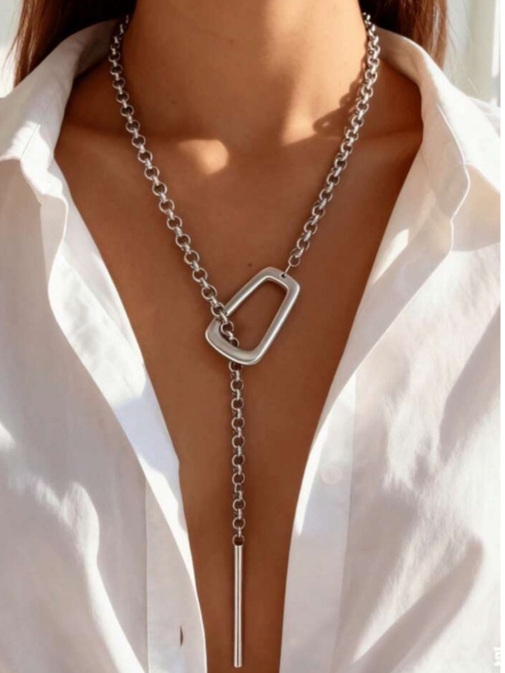 Modern Silver Chunky Chain Lariat Necklace
